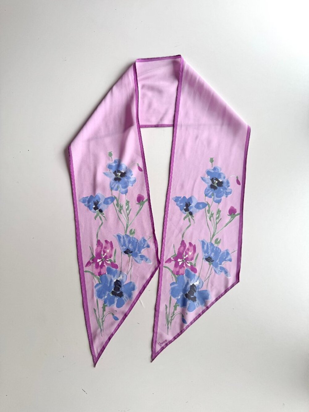 Vintage VERA Lilac Purple Floral Polyester Crepe 59" x 7" Skinny Scarf